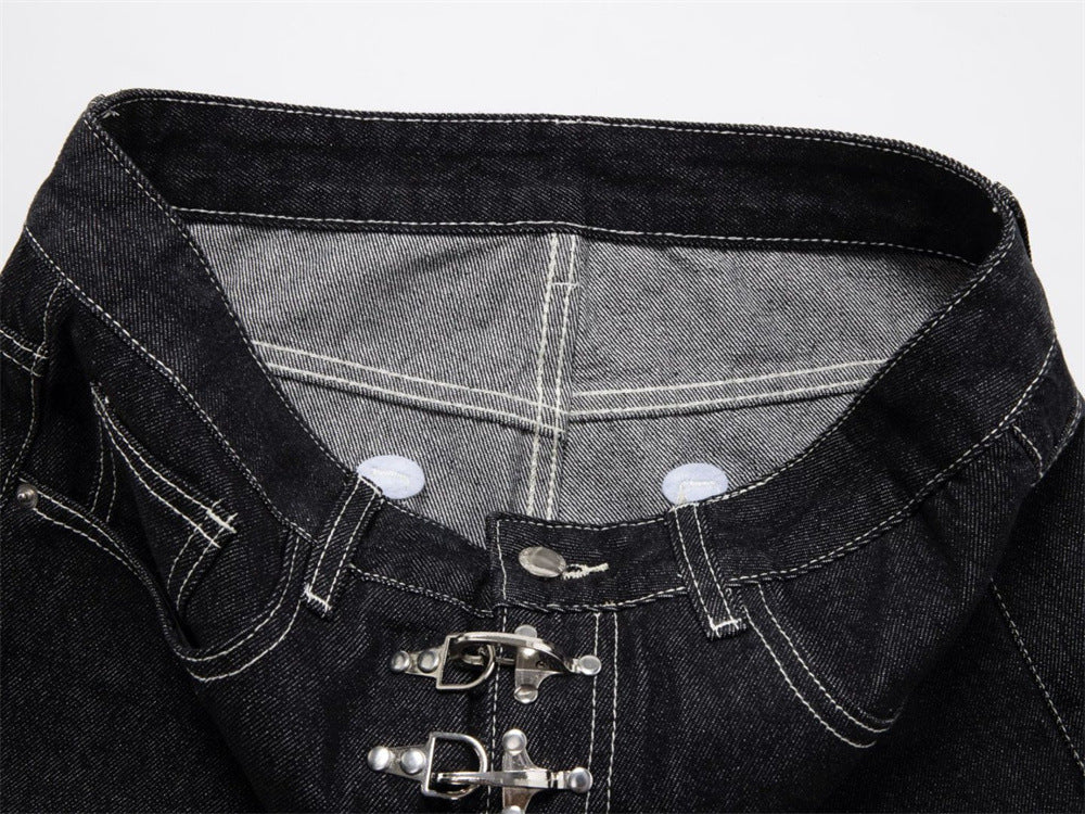 Black Wide-Leg Jeans – Metal Hook Closure & Contrast Stitching Streetwear Denim