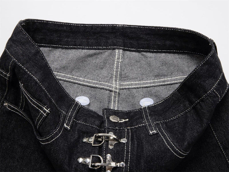 Black Wide-Leg Jeans – Metal Hook Closure & Contrast Stitching Streetwear Denim