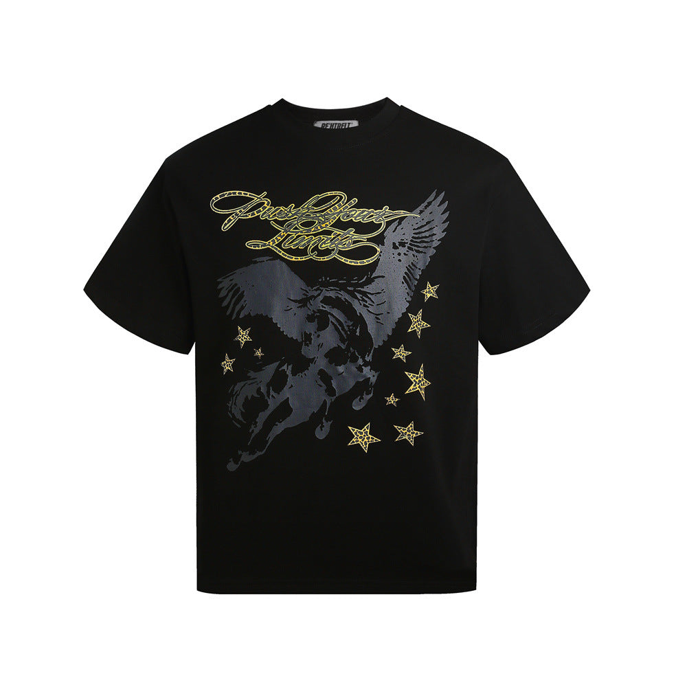 Black short sleeve graphic T-shirt front view with Pegasus wings and gold stars