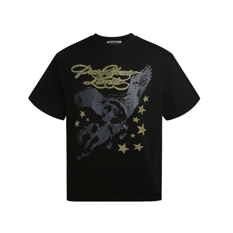 Black short sleeve graphic T-shirt front view with Pegasus wings and gold stars