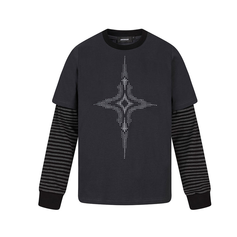 Faux Two-Piece Long Sleeve T-Shirt with Star Graphic & Striped Sleeves