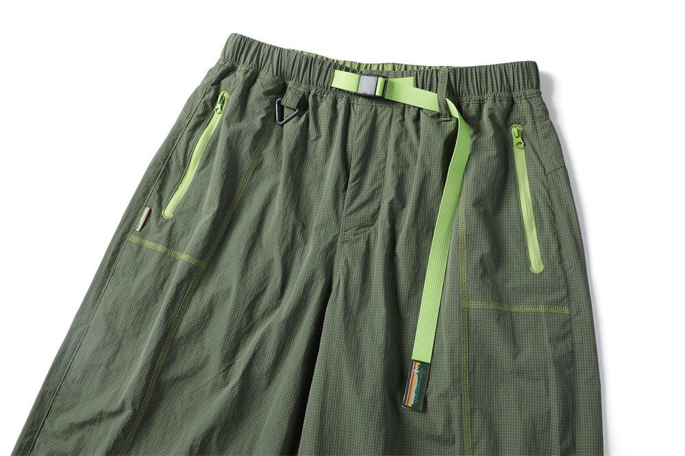 Men's Outdoor Nylon Track Pants with Belt — Contrast Stitch Wide-Leg Casual