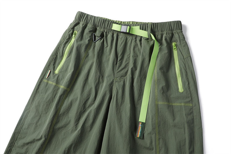Men's Outdoor Nylon Track Pants with Belt — Contrast Stitch Wide-Leg Casual