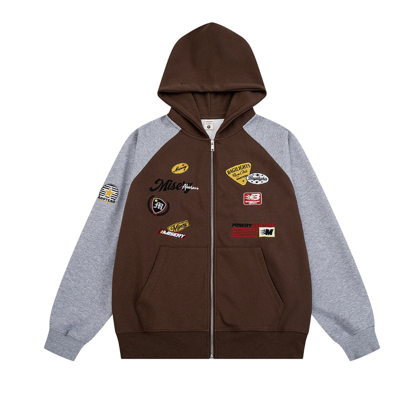 Sweat à capuche zippé rétro inspiré du racing, à empiècements contrastants marron et gris, badges brodés et manches raglan