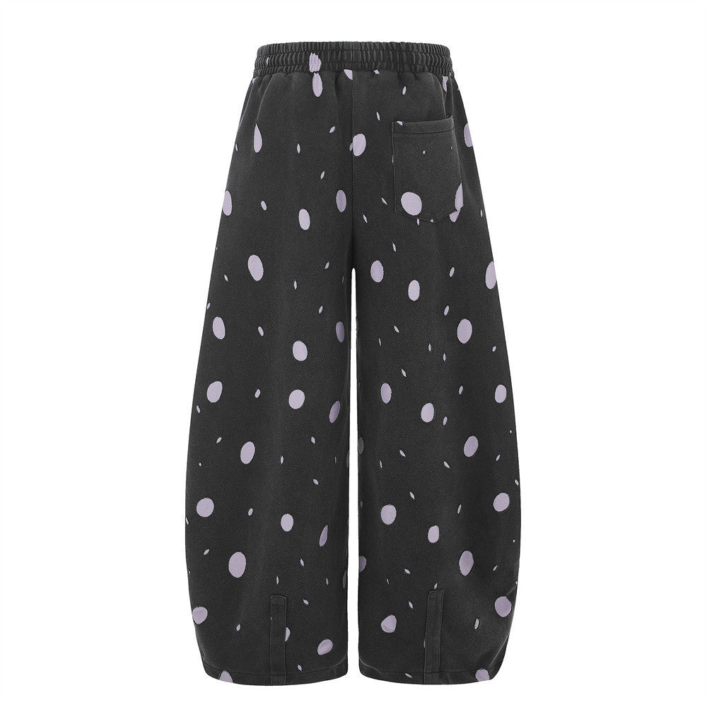 Wide-Leg Polka Dot Sweatpants – Black & Lavender All-Over Print