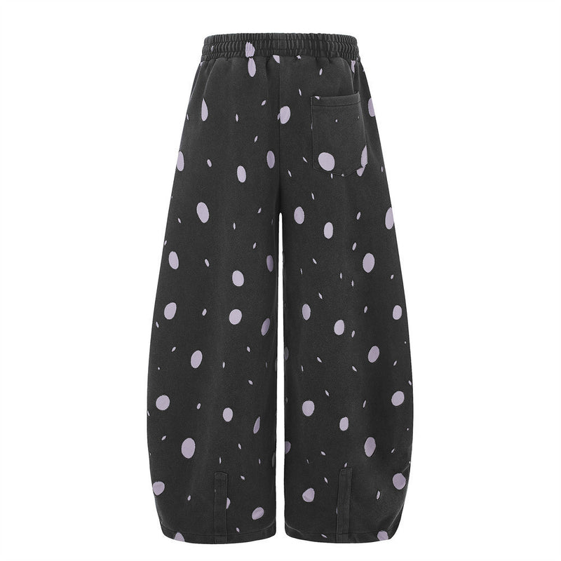 Wide-Leg Polka Dot Sweatpants – Black & Lavender All-Over Print