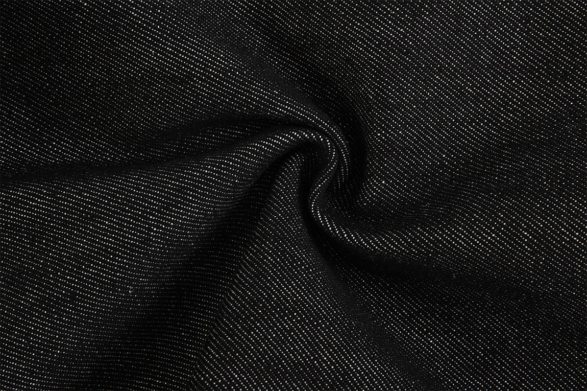 Wide Leg Jeans with Star Embroidery & Diagonal Waistband — Black Raw Denim
