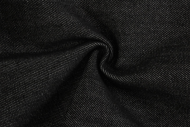 Wide Leg Jeans with Star Embroidery & Diagonal Waistband — Black Raw Denim