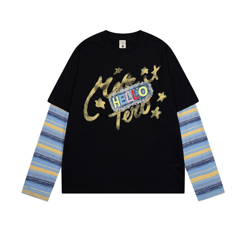 Kastiges Oversized-Langarmshirt mit Streifenärmeln & Hello-Patch