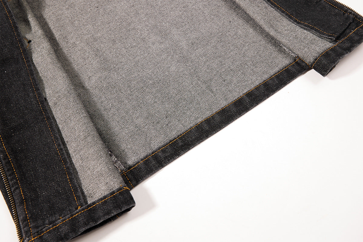 Military-Style Washed Denim Jacket – Stand Collar, Double-Breasted Button Detail