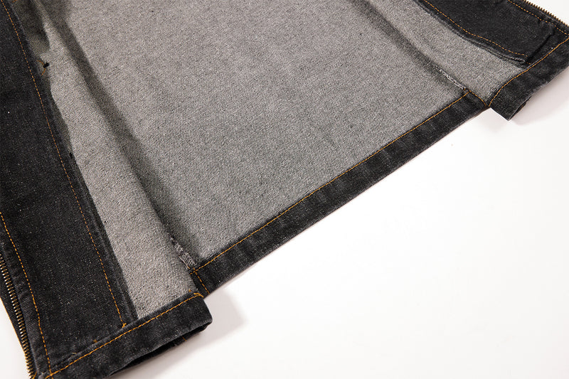 Military-Style Washed Denim Jacket – Stand Collar, Double-Breasted Button Detail