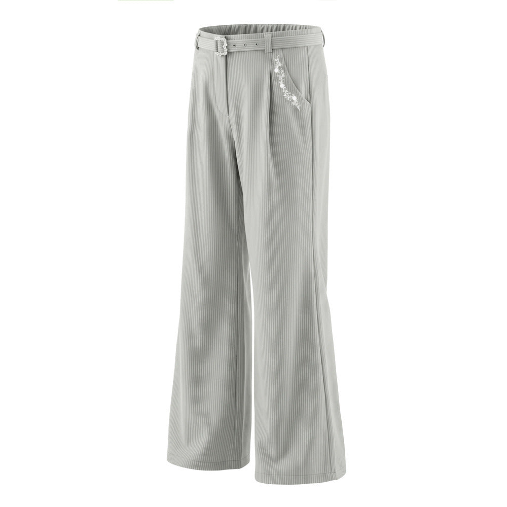 Pantalon ample rayé pour homme avec broderies florales et ceinture