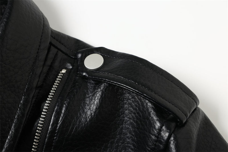 Men's Black PU Leather Moto Jacket – Asymmetric Double Zip & Belted Hem