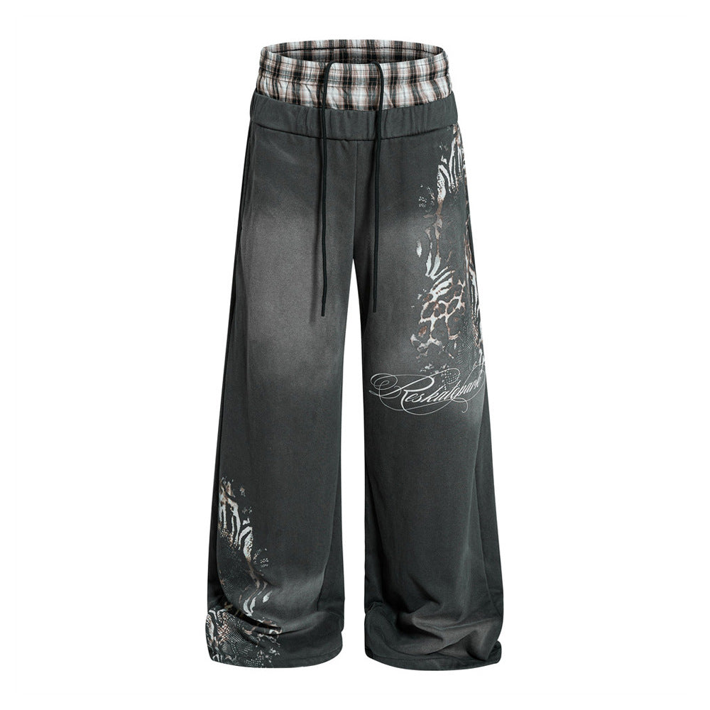 Faux Two-Piece Plaid Waistband Wide Leg Sweatpants with Leopard Print