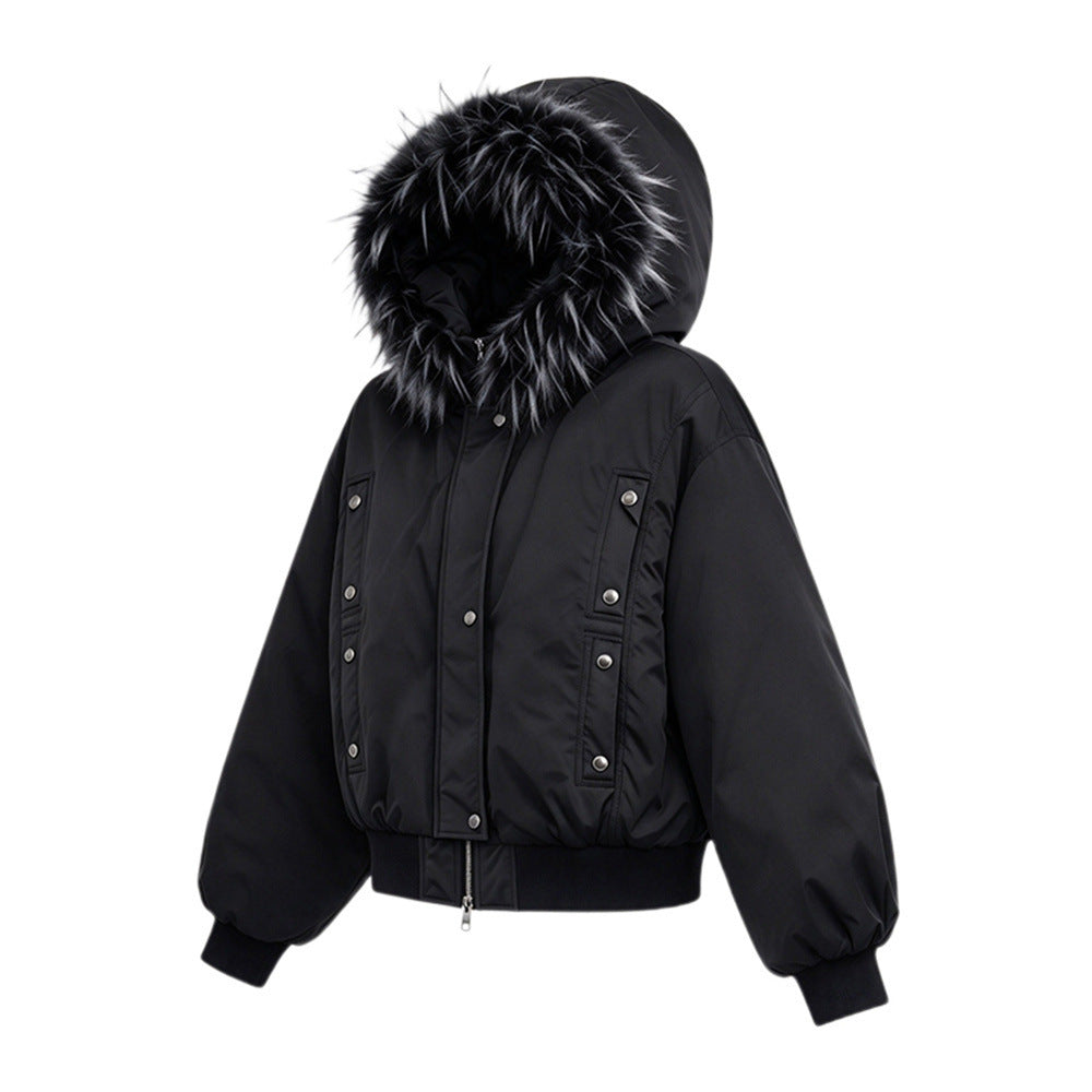 Veste bomber à capuche bordée de fourrure – Manteau d’hiver à poches multiples et double fermeture zippée