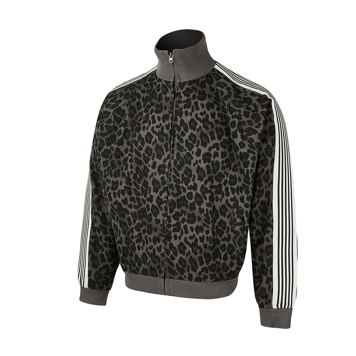 Leopard Print Track Jacket with Striped Sleeve Tape and Mock Neck Zip