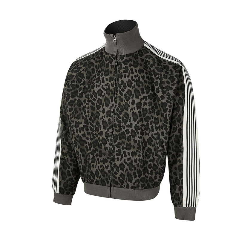 Leopard Print Track Jacket with Striped Sleeve Tape and Mock Neck Zip