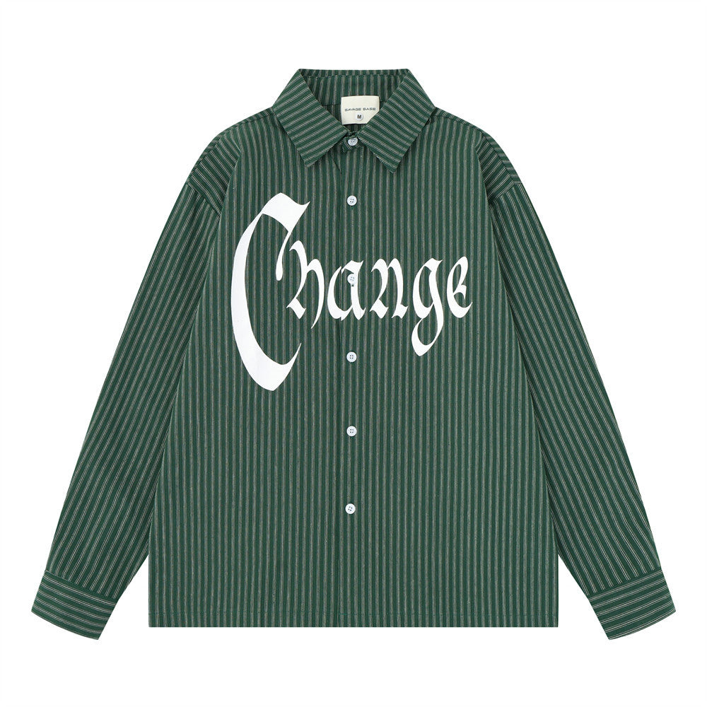 Red and White Striped Long Sleeve Shirt with Gothic Change Print & Graffiti Back