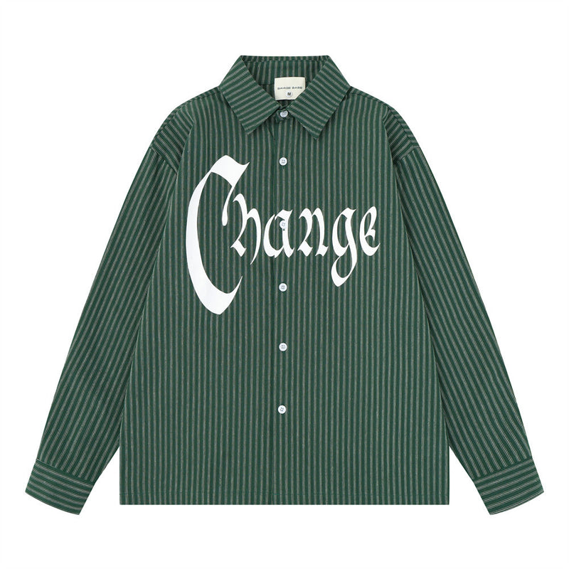 Red and White Striped Long Sleeve Shirt with Gothic Change Print & Graffiti Back