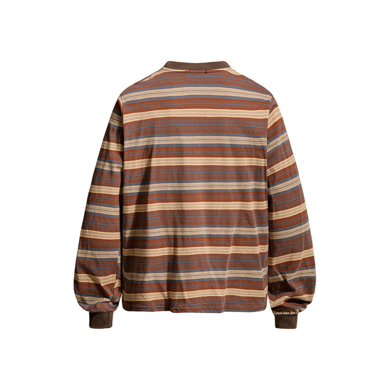 Back view of long sleeve striped crewneck shirt with ribbed collar and cuffs
