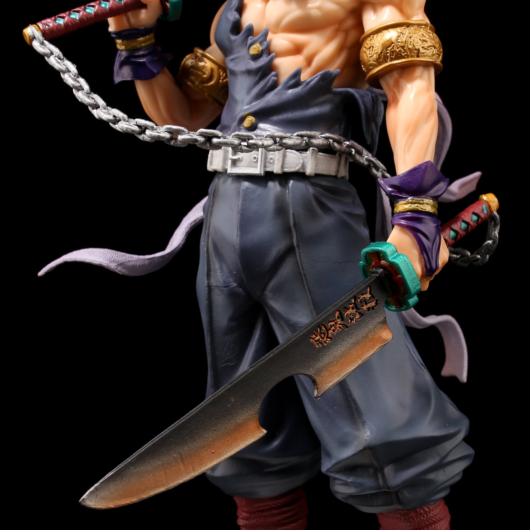 The Ubuyashiki Tengen Demon Slayer PVC Figure features a 30cm detailed design with a muscular character wrapped in chains, wielding an inscribed sword. The figure wears dark pants, a belt, and gold armbands, reflecting the iconic style of Demon Slayer&