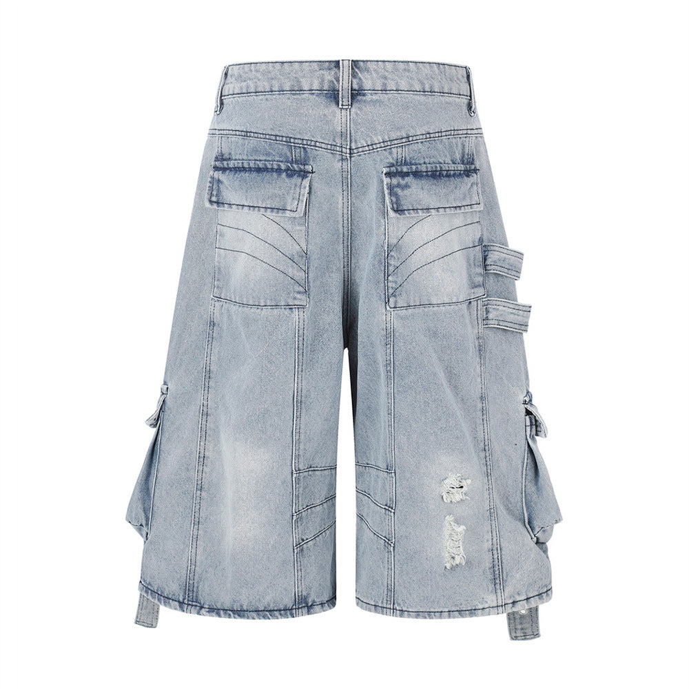 Deconstructed Cargo Denim Shorts – Multi-Pocket Punk Distressed Wide Leg
