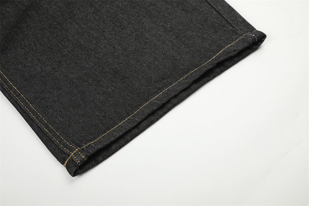 Wide-Leg Barrel Jeans – Dark Black Denim with Camo Pocket & Embroidered Graphic