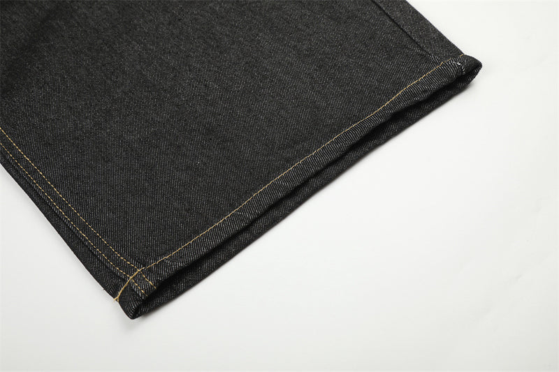 Wide-Leg Barrel Jeans – Dark Black Denim with Camo Pocket & Embroidered Graphic