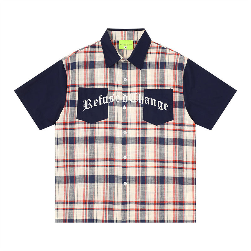 Color Block Plaid Short Sleeve Shirt – Streetwear Oversized Button-Up