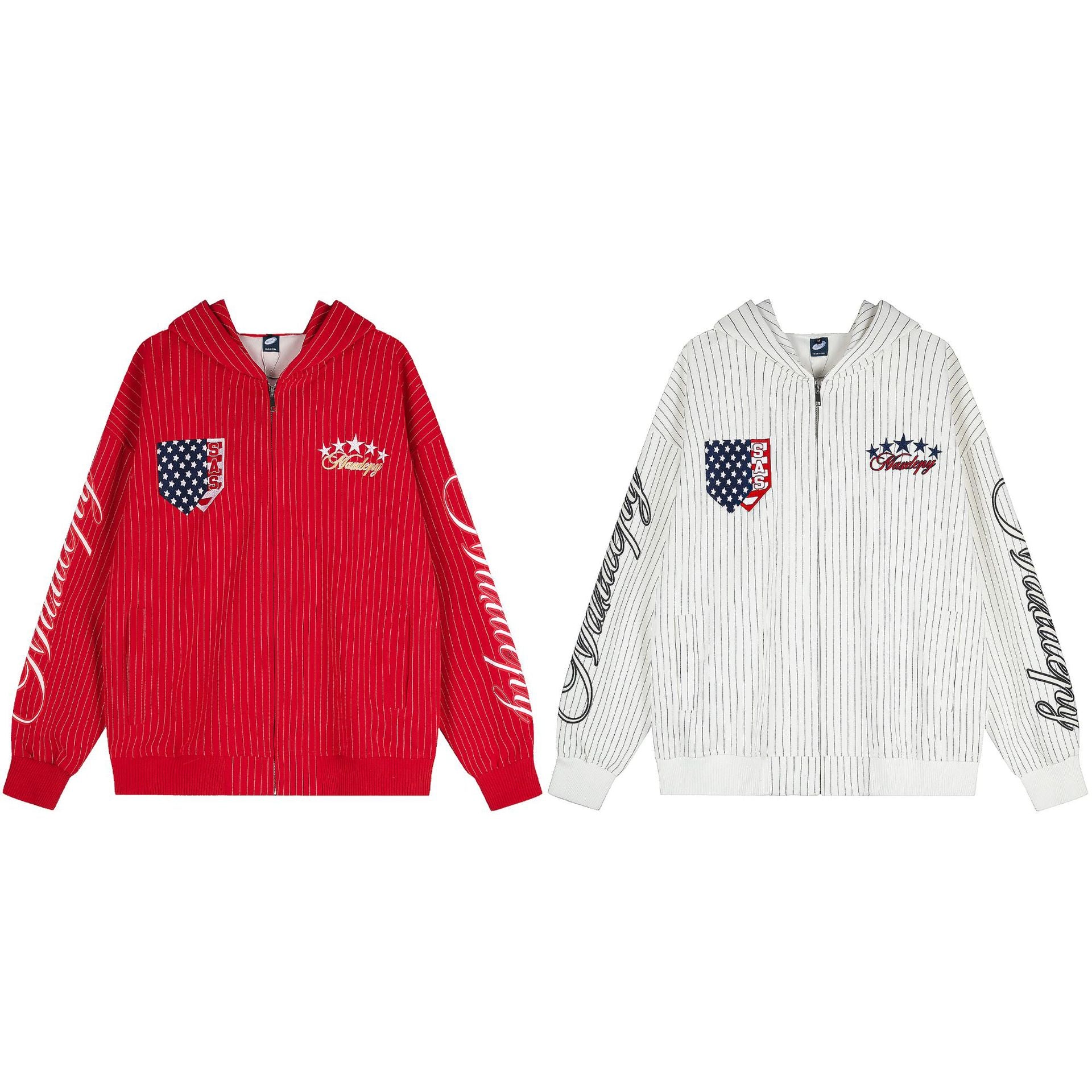 Pinstripe Zip-Up Hoodie with American Flag Embroidery & Script Sleeve Print