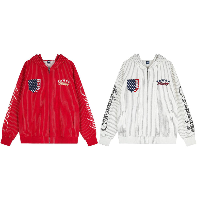 Pinstripe Zip-Up Hoodie with American Flag Embroidery & Script Sleeve Print