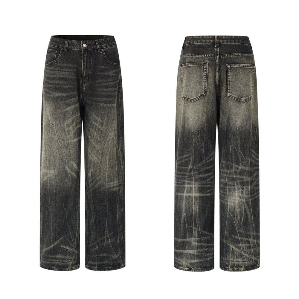 Men's baggy straight-leg jeans in vintage washed distressed black denim with wide-leg silhouette, front and back view