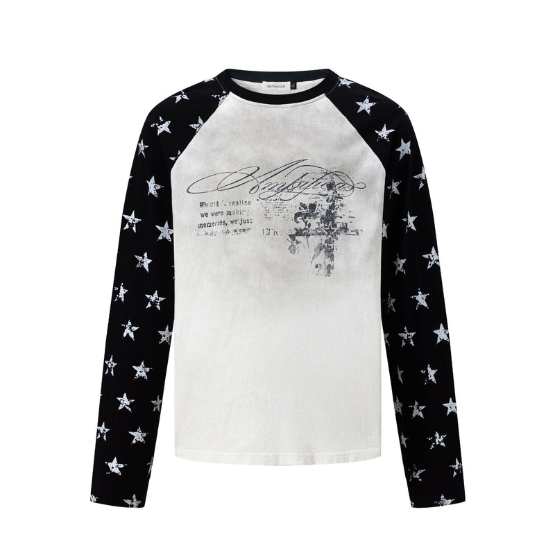 Navy Long Sleeve Shirt – Raglan Star-Print Sleeves Vintage Graphic Tee
