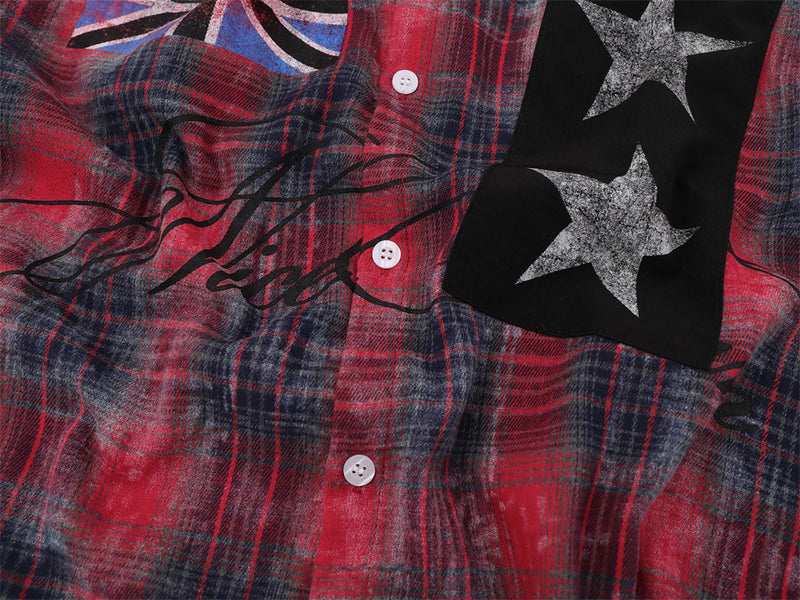 Plaid Flannel Shirt with Union Jack & Star Patch Panel — Oversized Vintage Fit