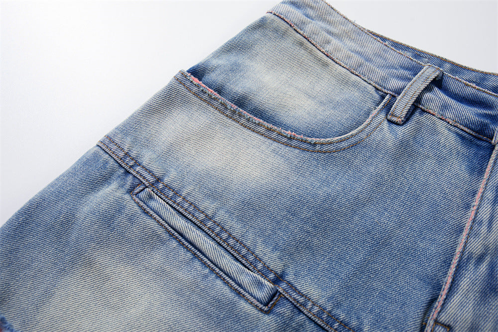 Ripped Wide-Leg Denim Shorts – Pink Thread Distressed, Washed Blue