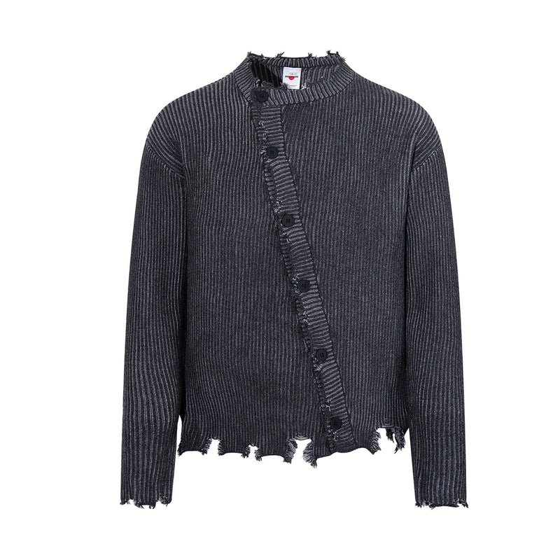 Distressed Ribbed Knit Cardigan with Asymmetric Button Placket – Washed Grey
