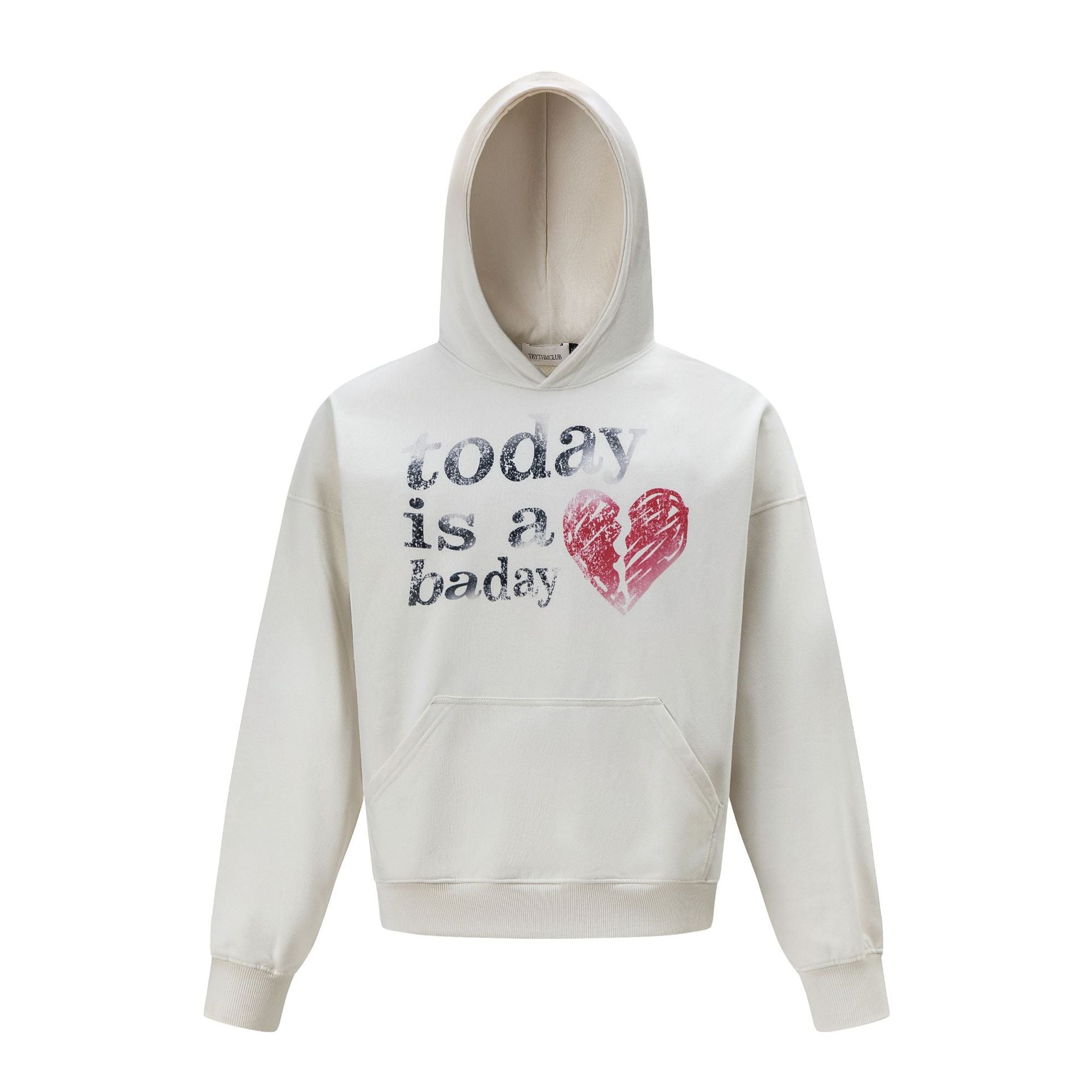 Oversized-Pullover-Hoodie mit Distressed-Grafikprint „today is a bad day“ und gebrochenem Herzen in Creme