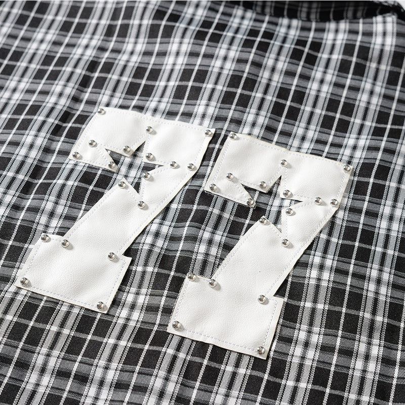 Men's Plaid Long Sleeve Shirt with LUCK Star Letter Patch