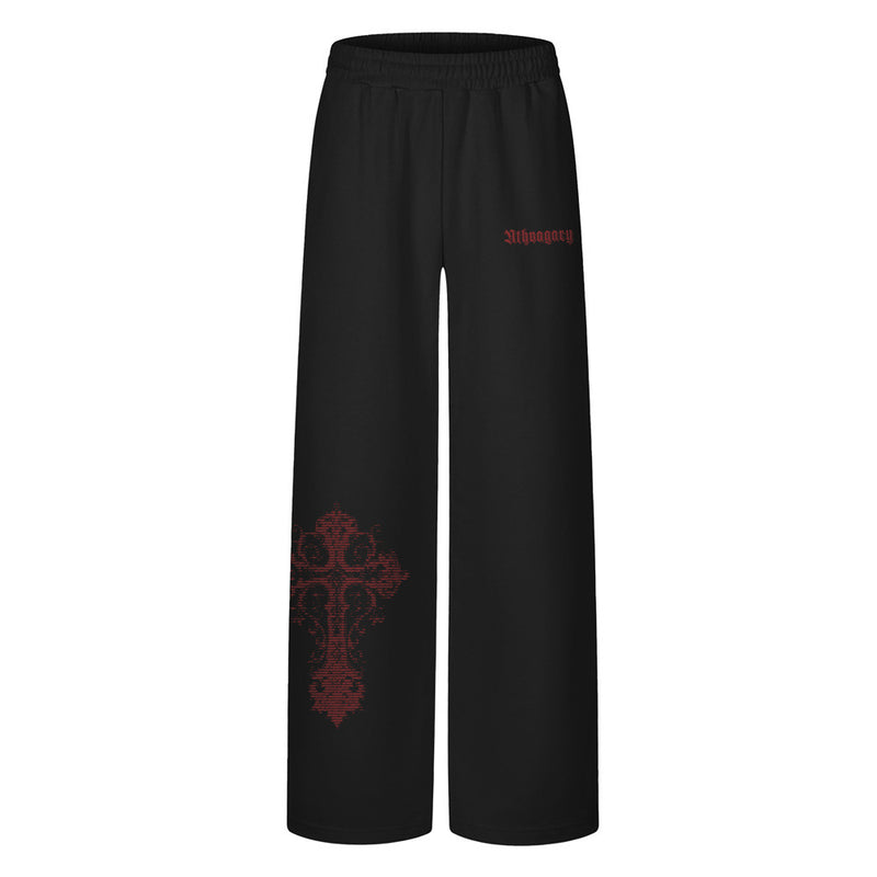 Sweatpants mit weitem Bein und Gothic-Kreuz-Print am linken Bein, Schwarz mit rotem Print und Hellgrau mit schwarzem Print