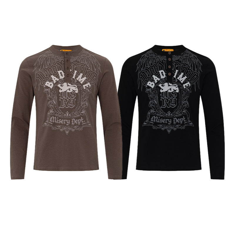 Camisa Henley Gótica Gráfica de Manga Larga para Hombre – Camiseta Vintage de Streetwear Americano