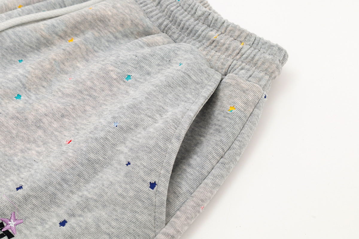 Wide-Leg Sweatpants with Star Embroidery & Paint Splatter Print