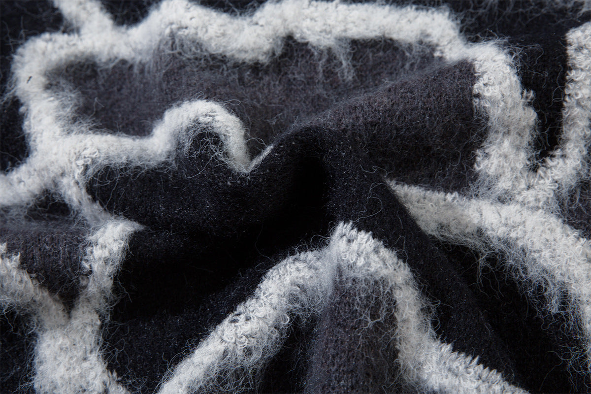 Abstract Camo Jacquard Polo Collar Knit Sweater – Oversized Streetwear Pullover