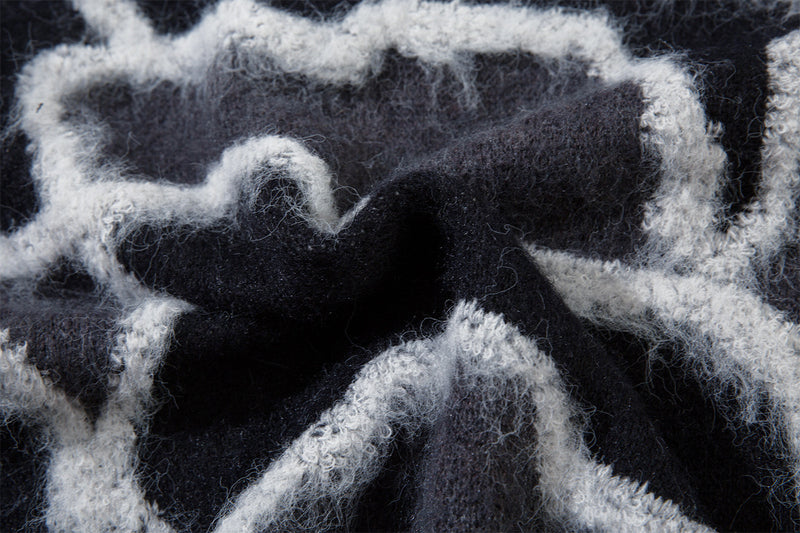 Abstract Camo Jacquard Polo Collar Knit Sweater – Oversized Streetwear Pullover