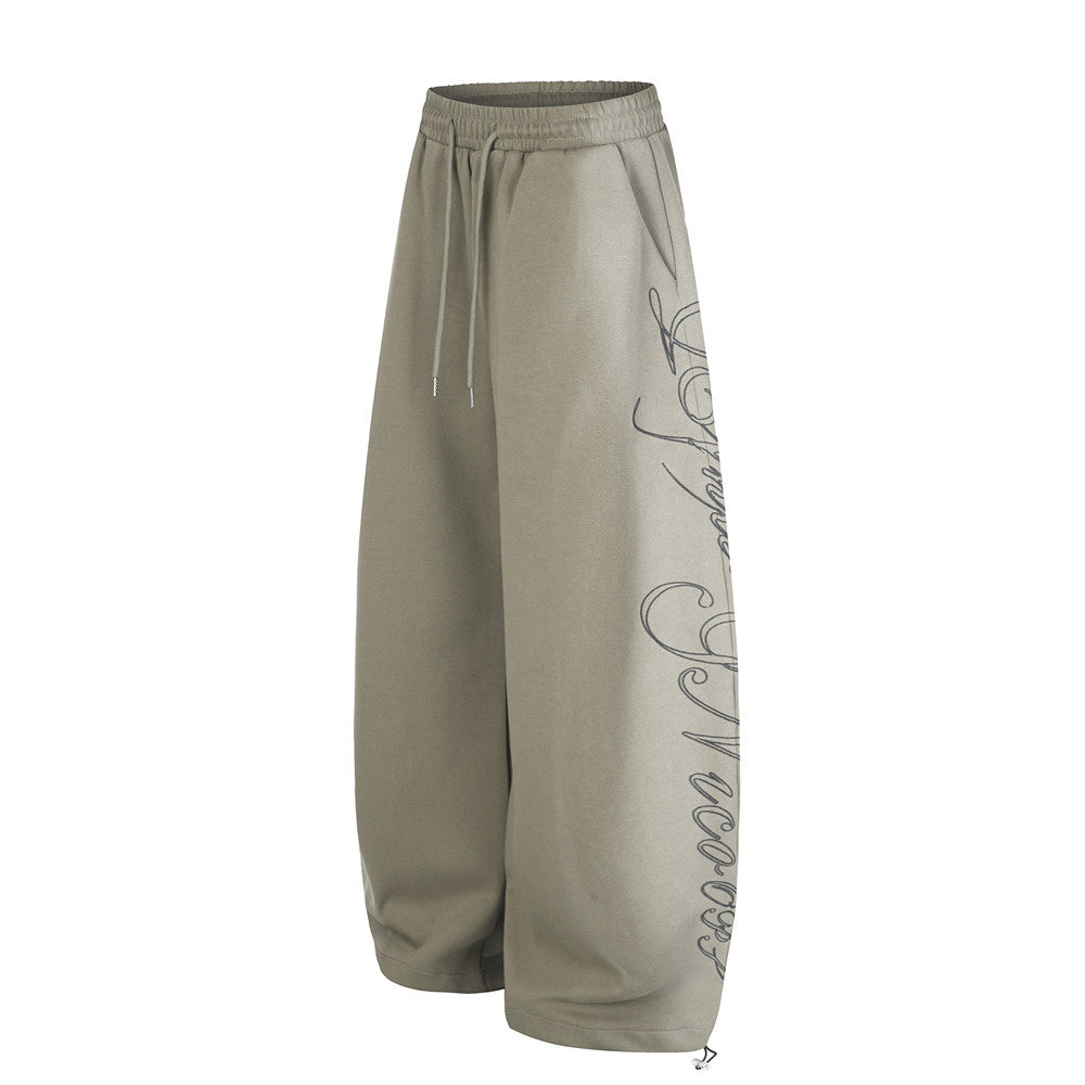 Wide-Leg Sweatpants with Cursive Script Print and Drawstring Hem