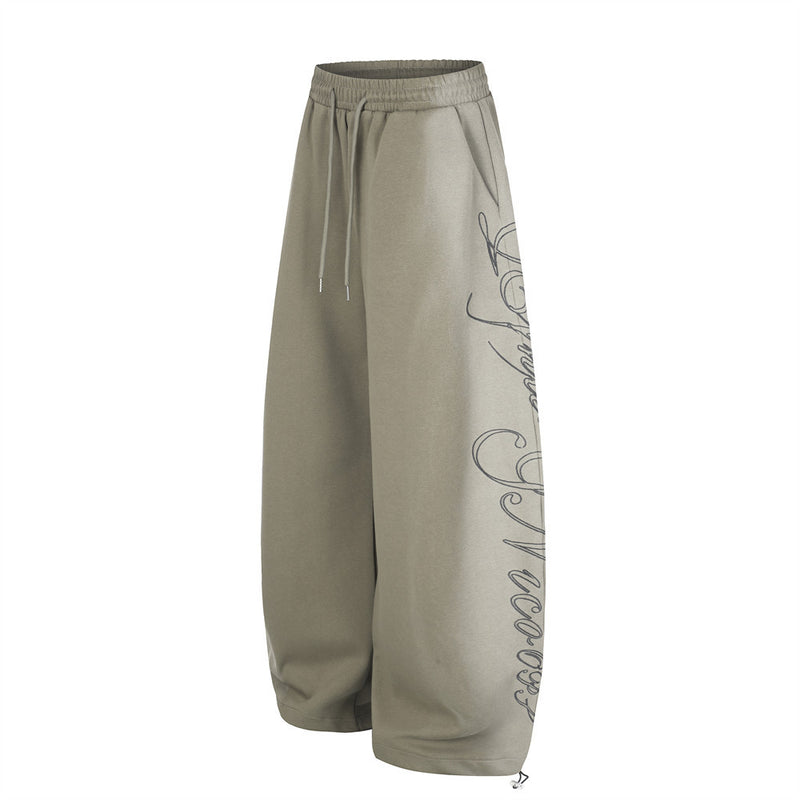 Wide-Leg Sweatpants with Cursive Script Print and Drawstring Hem