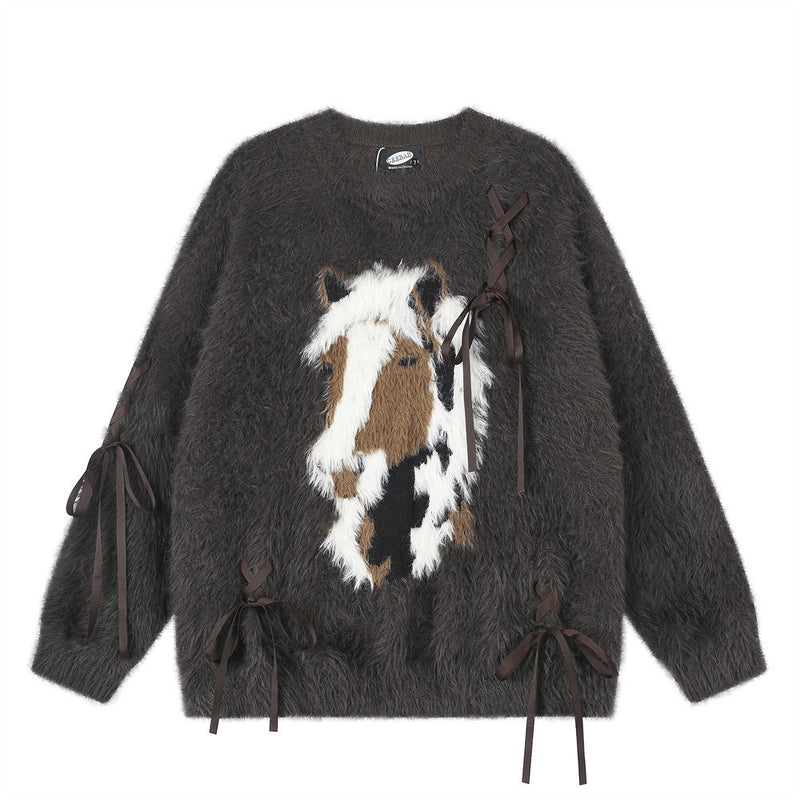 Flauschiger Jacquard-Pullover mit Rundhalsausschnitt und Schleifenbändern
