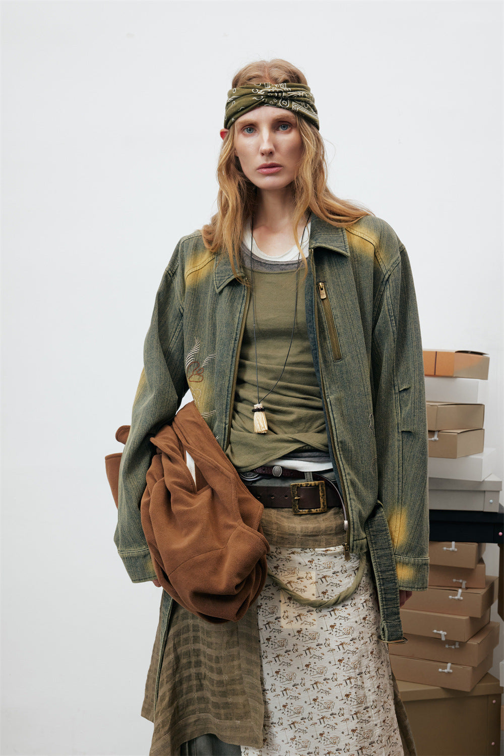 Vintage Washed Denim Jacket – Floral Embroidery, Zip-Up, Belted Waist
