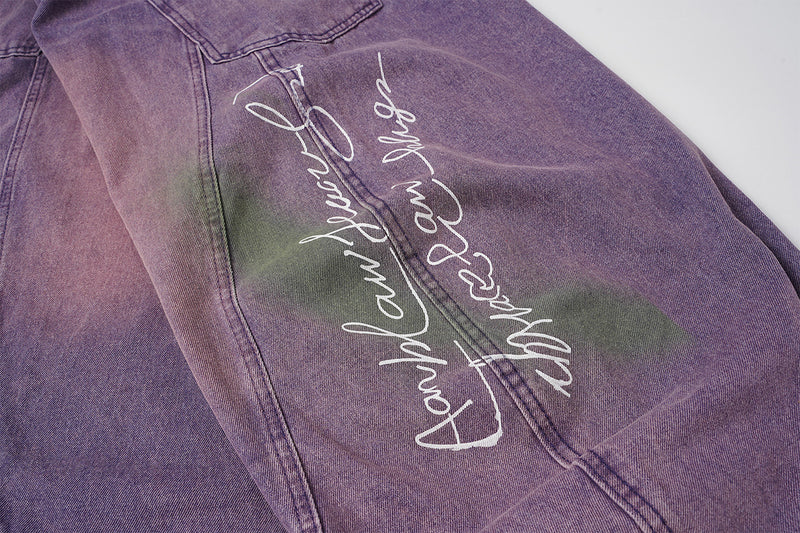 Jean taille haute à jambe large – Pantalon barrel en denim violet délavé à l’acide, imprimé graffiti