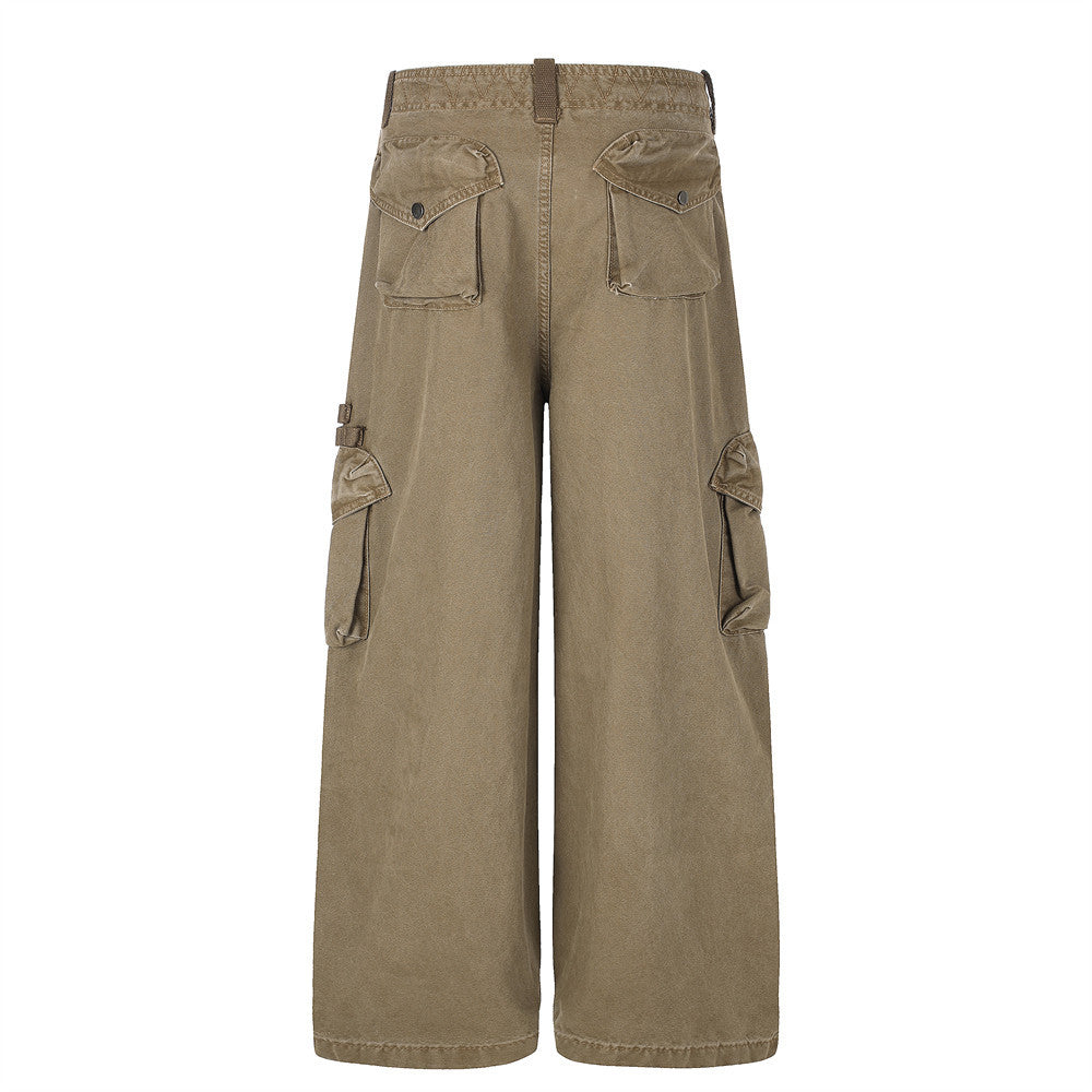 Baggy Cargo Pants Men Wide-Leg Multi-Pocket Washed Streetwear Trousers