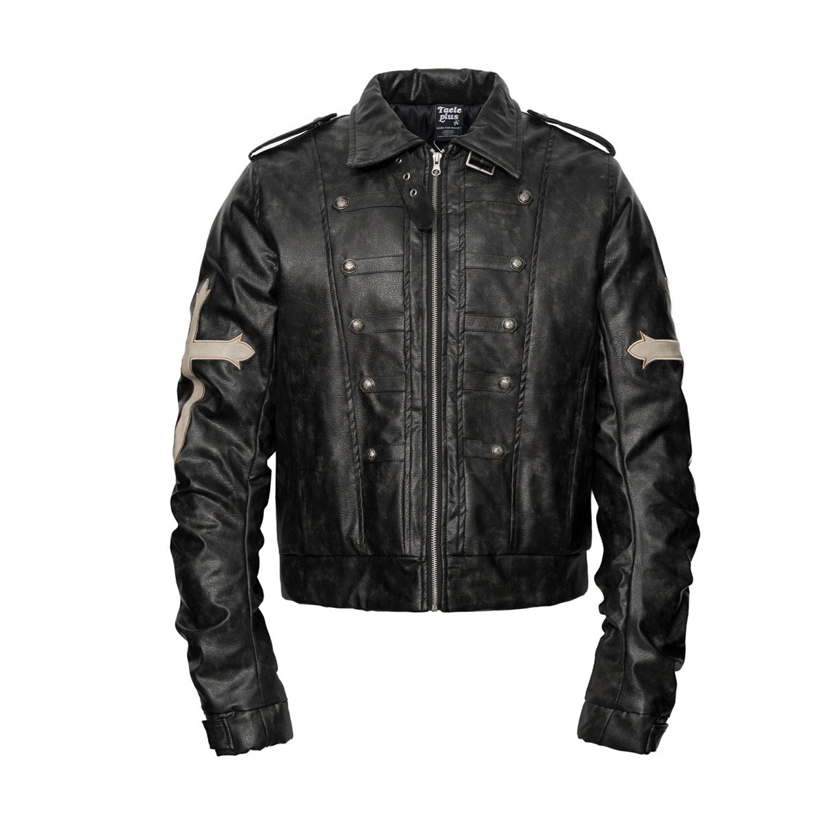 Gothic Cross Moto Jacket – Padded Faux Leather with Military Buttons & Cross